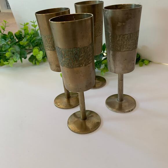 Vintage Brass Gold Etched India Goblet Cups 6" Set 4 - Picture 3 of 5